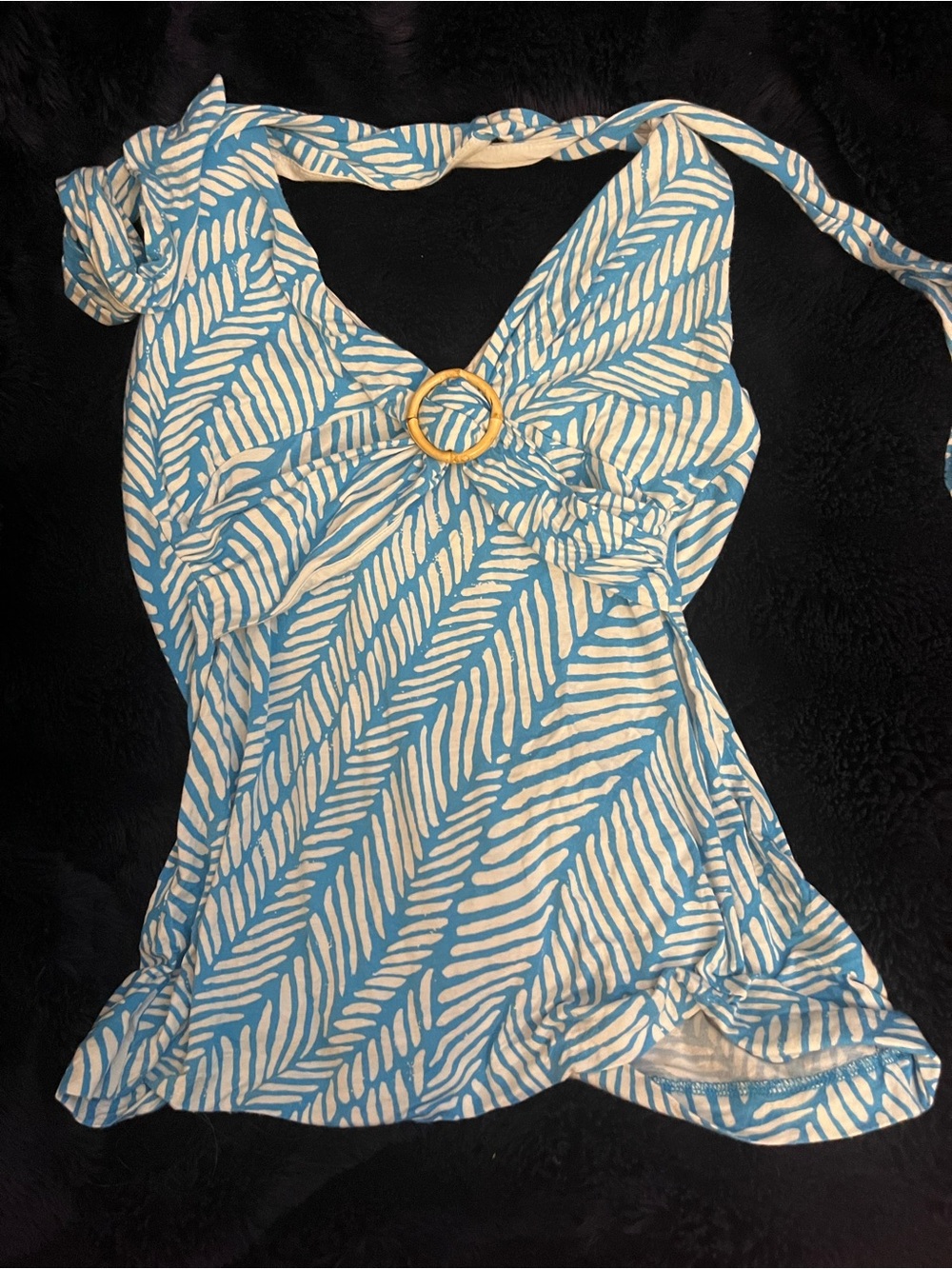 Y2K Banana Republic Blue and White Halter Top with Gold Ring Detail